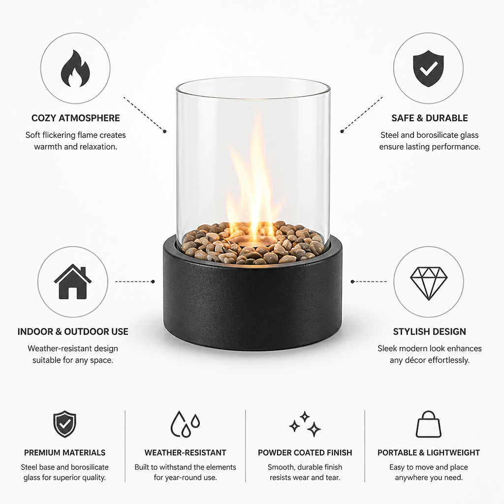 Tragbare Tischlaterne aus Stahl und Glas mit sanft flackernder Flamme | elesira