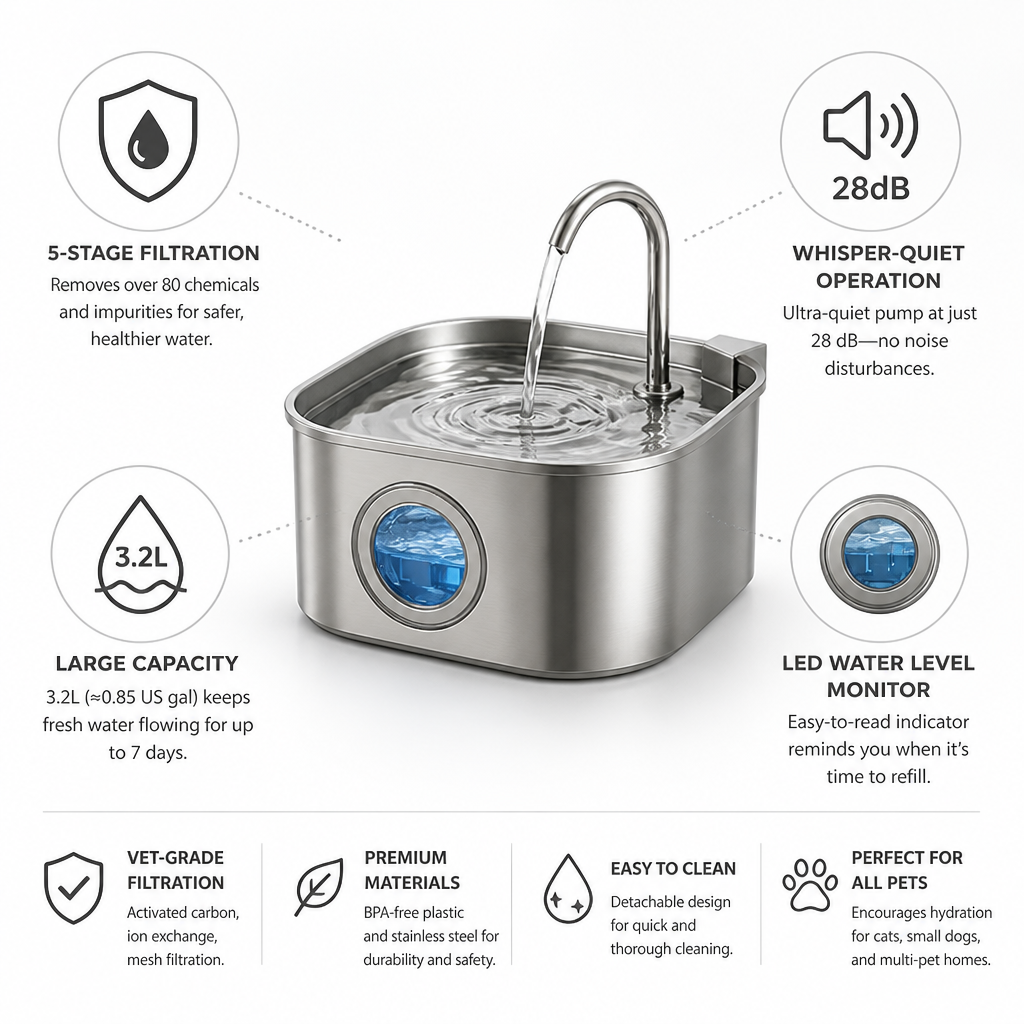 Whisper-Quiet 5-Stage Filtration Pet Water Fountain (3.2L) | elesira