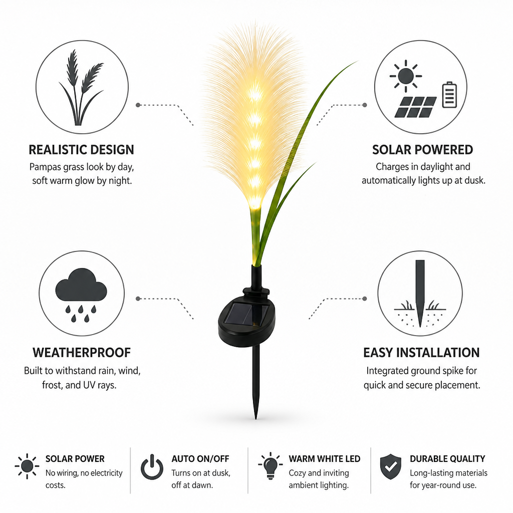 Lámpara solar impermeable de estaca con hierba de la pampa (LED de luz cálida) | elesira