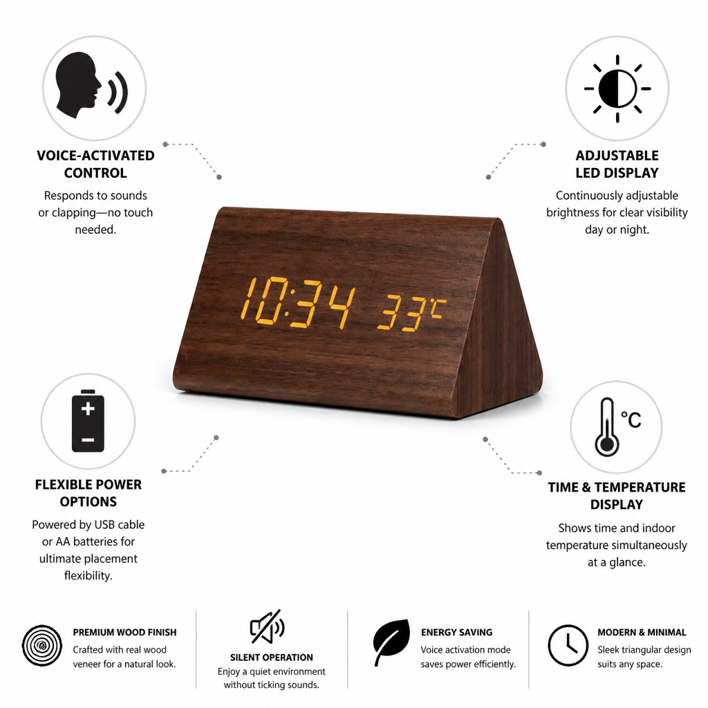 Horloge de table en bois à LED à commande vocale | elesira