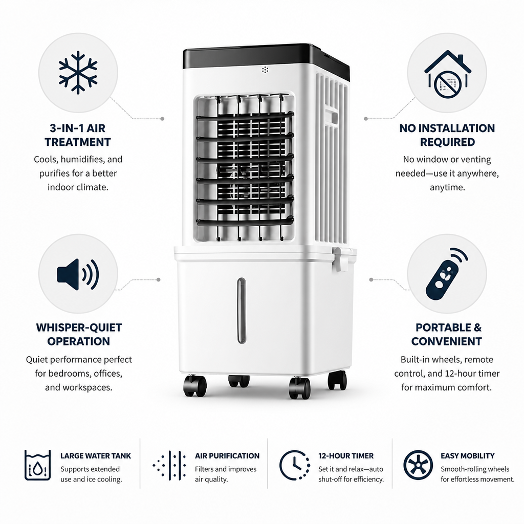Windowless 3-in-1 Whisper-Quiet Portable Air Conditioner | elesira