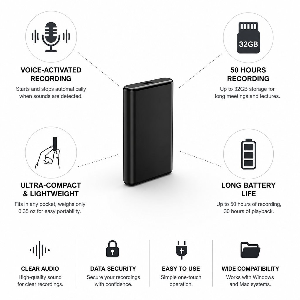Voice-Activated Ultra-Compact Voice Recorder (50-Hour Recording) | elesira