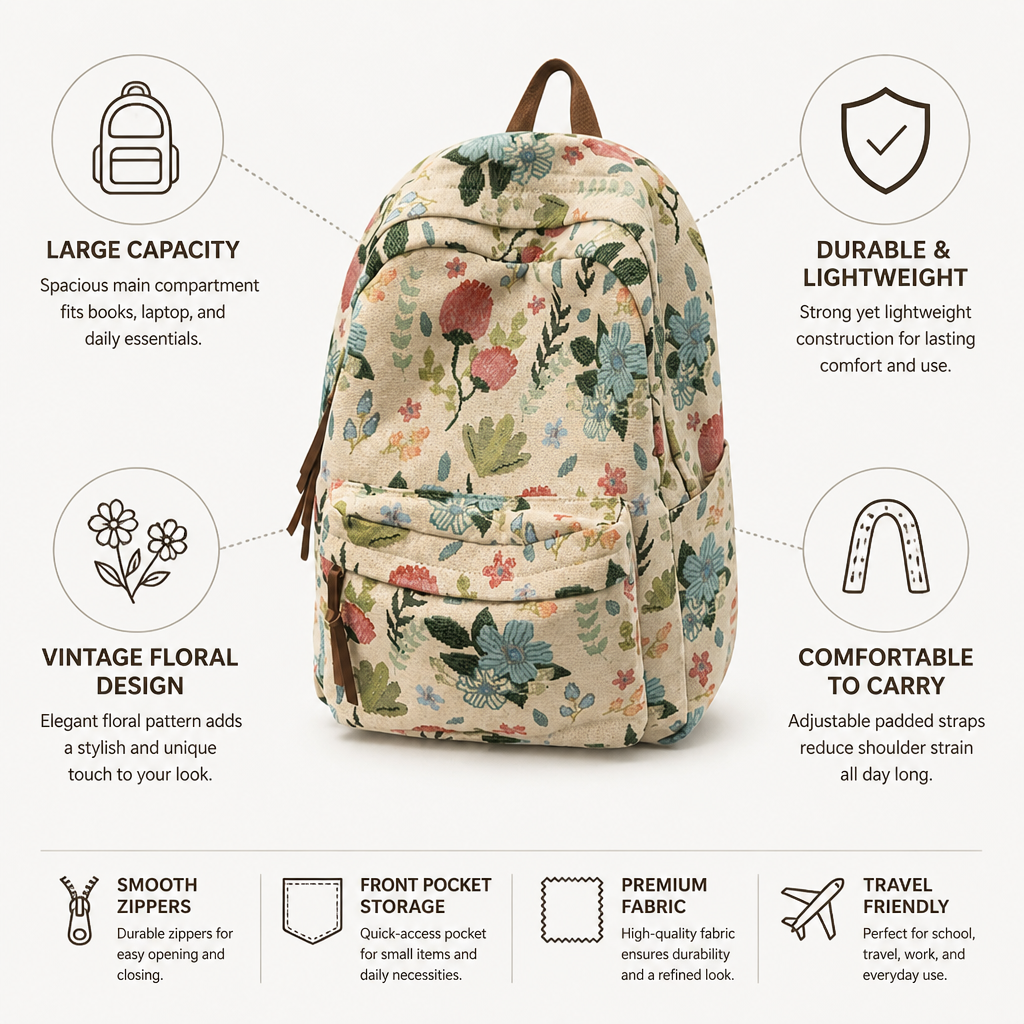 Zaino floreale vintage di grande capacità (scuola e viaggi) | elesira