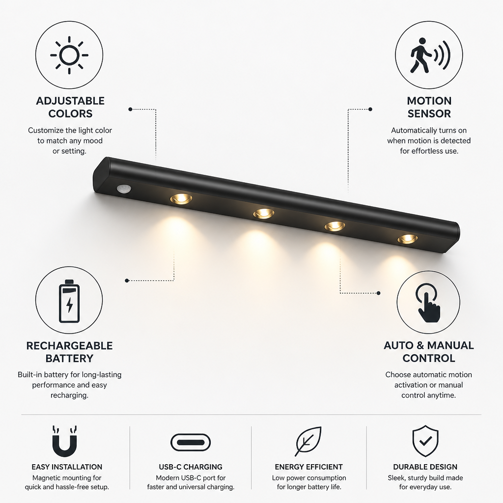 Bezprzewodowa ładowalna lampka LED pod szafkę z czujnikiem ruchu | elesira