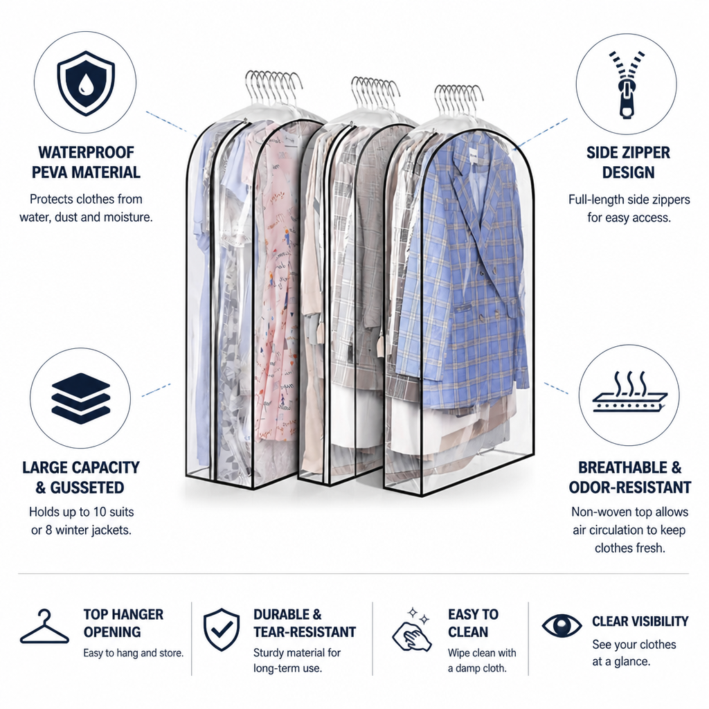 Housse à vêtements transparente imperméable à fermeture éclair latérale (peut contenir jusqu’à 10 costumes) | elesira