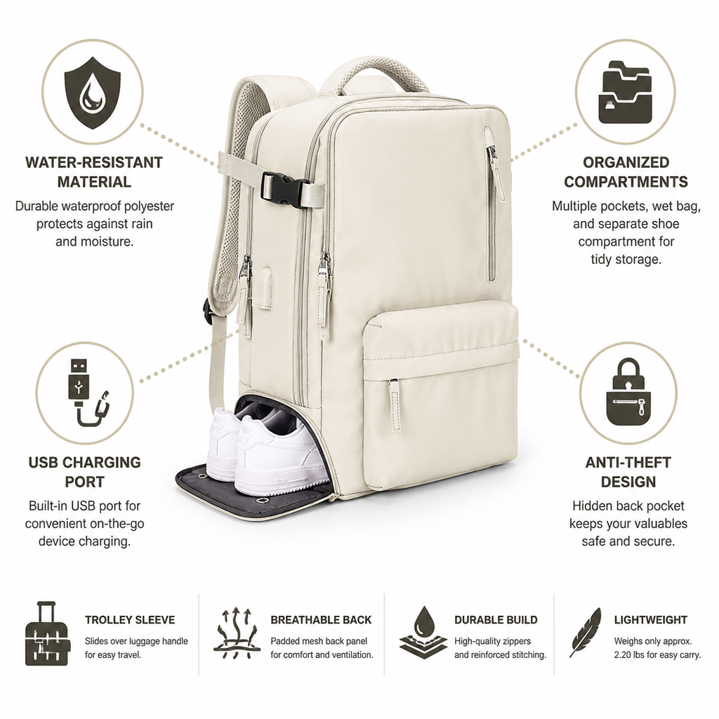 Vattentät reseryggsäck med USB-port och skofack (40L) | elesira
