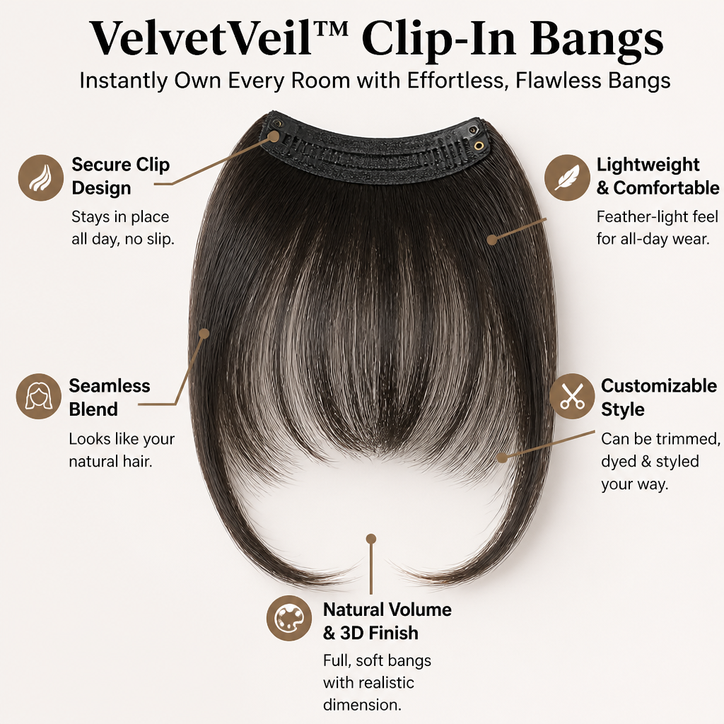VelvetVeil | Instantly Own Every Room with Effortless, Flawless Bangs | elesira
