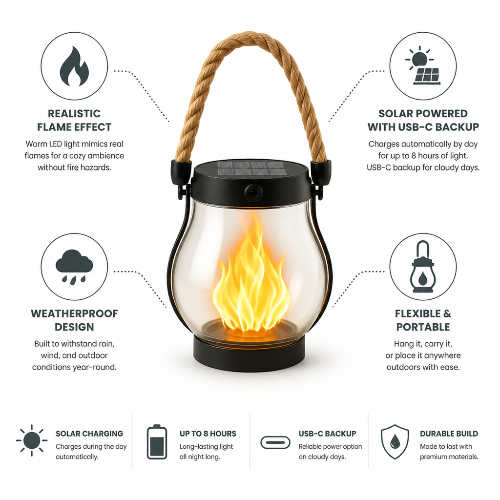 Lanterne de jardin solaire étanche à flamme vacillante (secours USB-C) | elesira