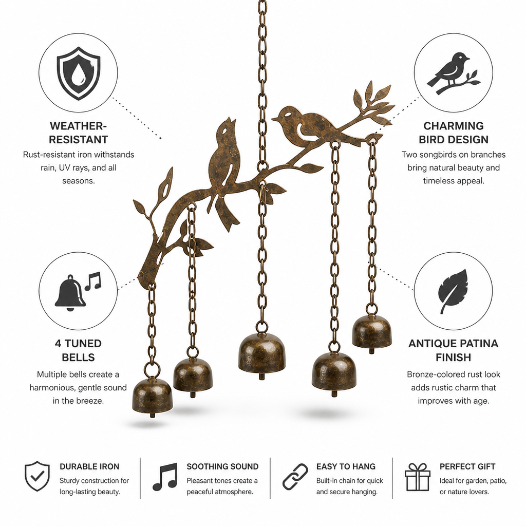 Carillon éolien en fer à patine antique résistant aux intempéries (4 cloches accordées) | elesira