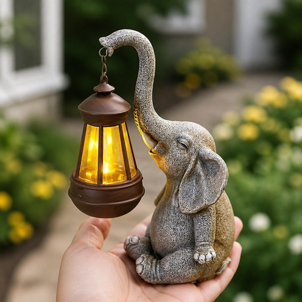 Solcelledrevet have lanterne i resin med varmt lys (elefantdesign) | elesira