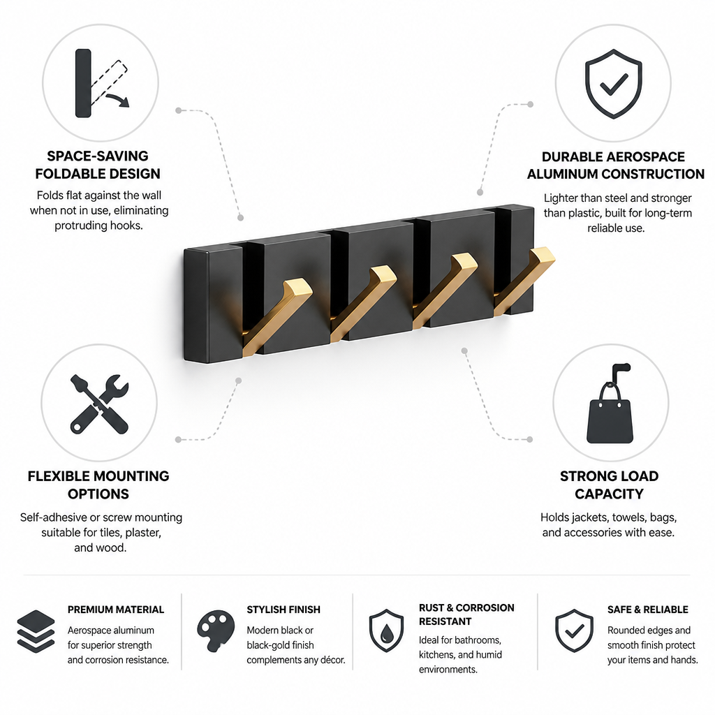 Space-Saving Foldable Aerospace Aluminum Wall Hook (2–6 Hooks) | elesira