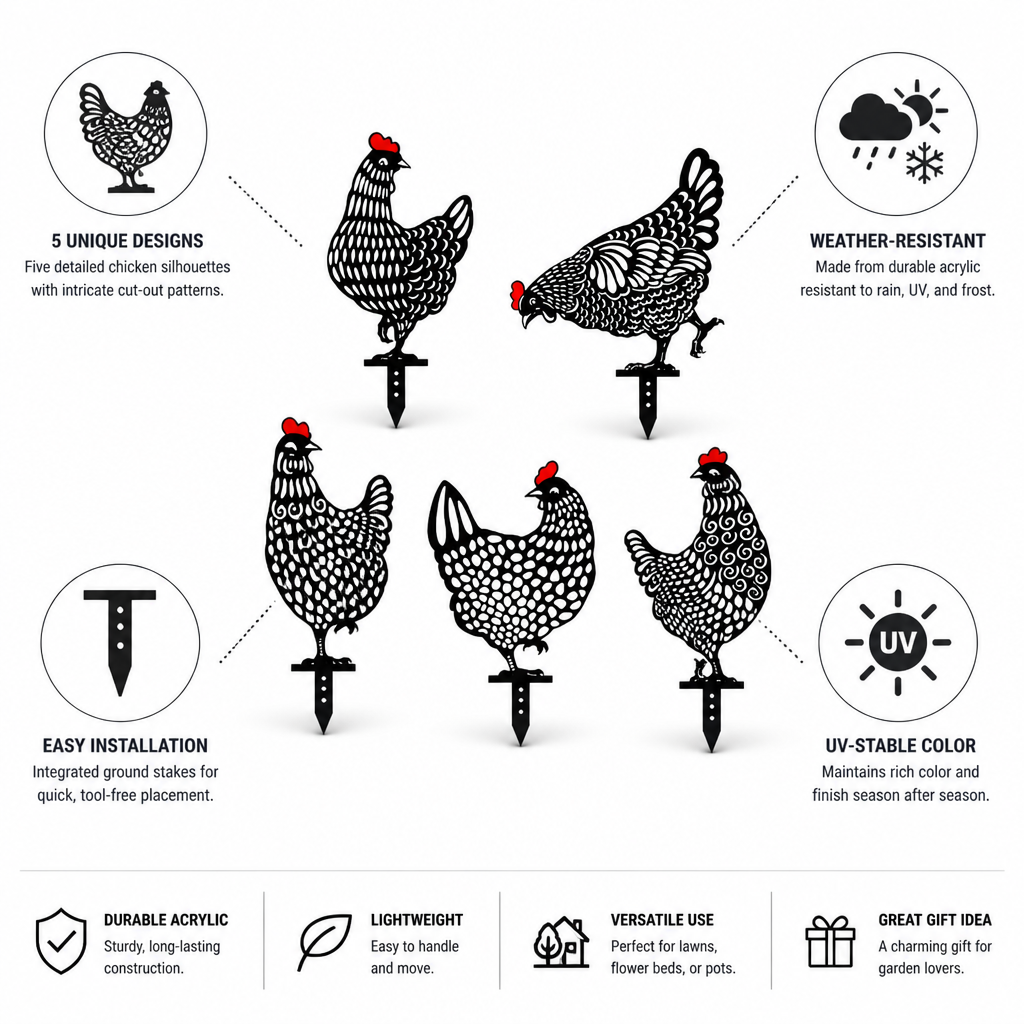 Étiquettes de jardin en acrylique en forme de poulet, résistantes aux intempéries (lot de 5) | elesira