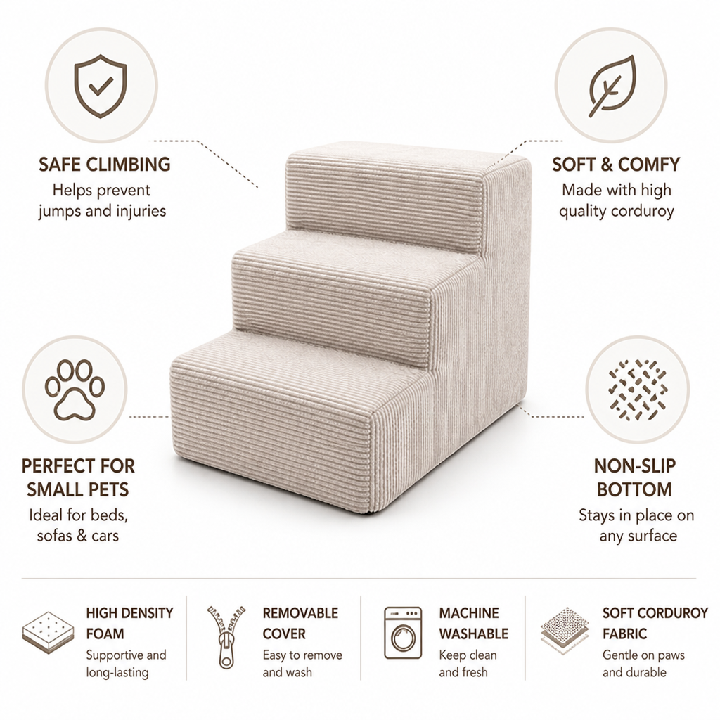 Soft Corduroy Non-Slip Pet Stairs (3-Step) | elesira