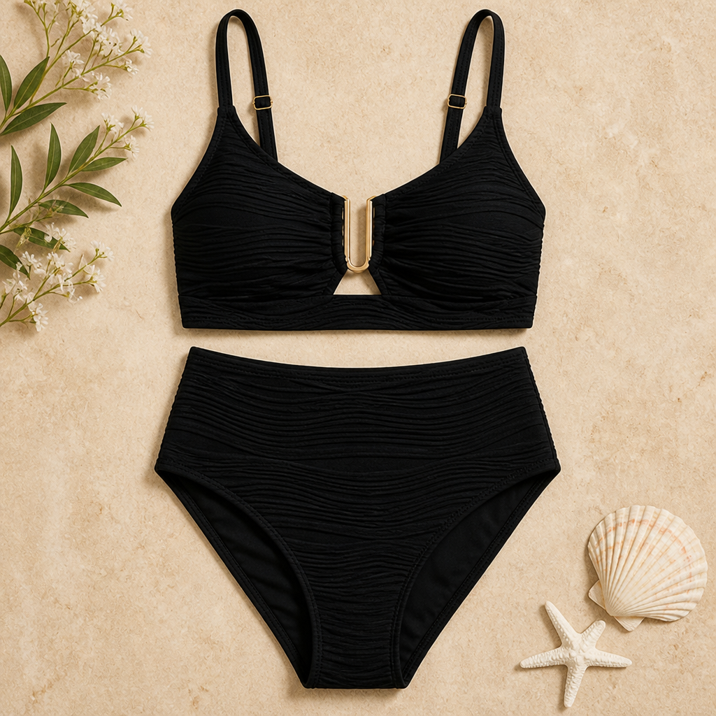 VeloraCurve – Maillot de bikini taille haute gainant le ventre avec armature en U dorée | elesira