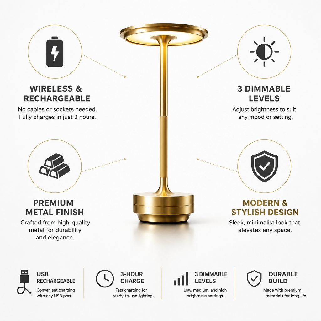 Wireless USB Rechargeable Dimmable Table Lamp | elesira