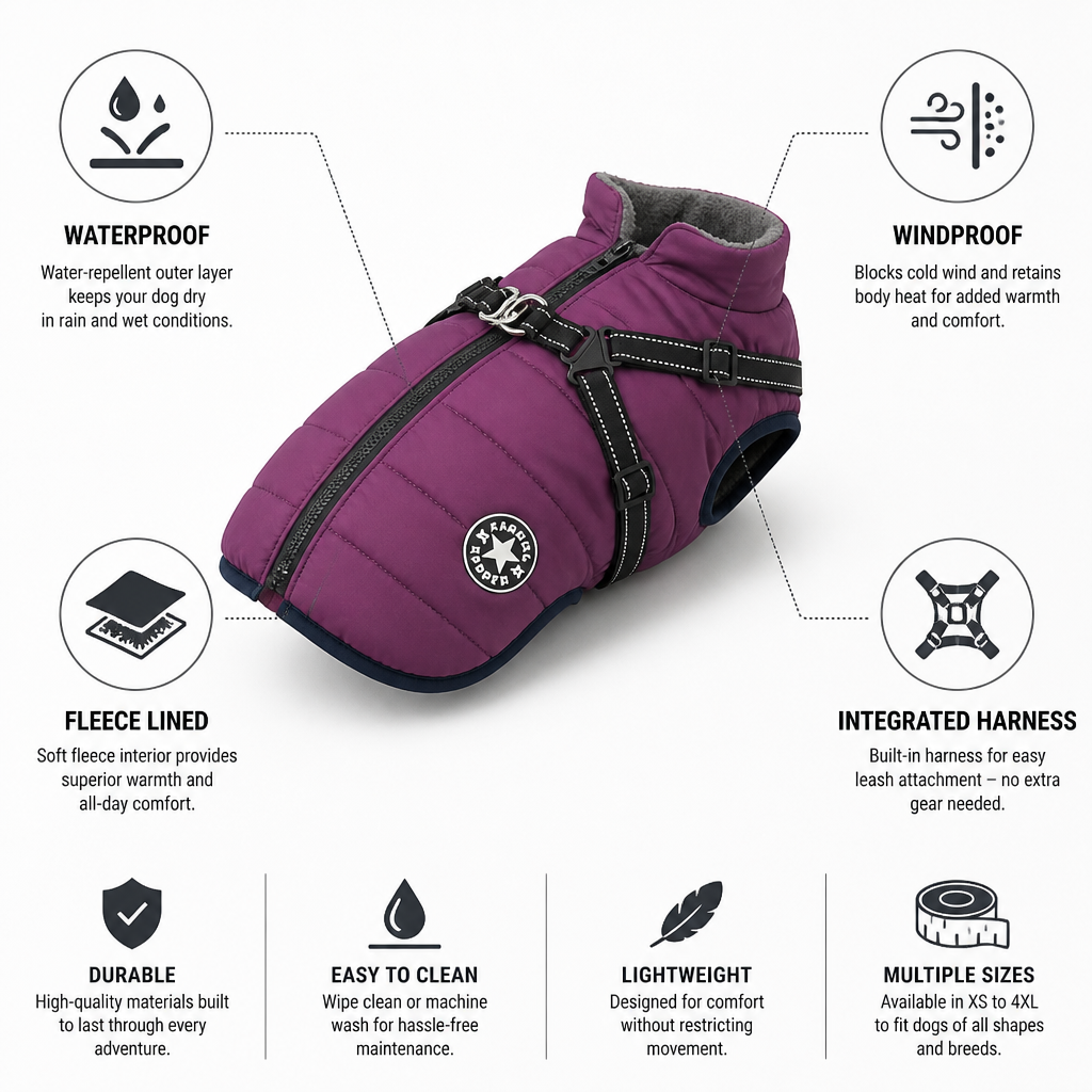 Waterproof Windproof Fleece-Lined Dog Coat (Integrated Harness) | elesira