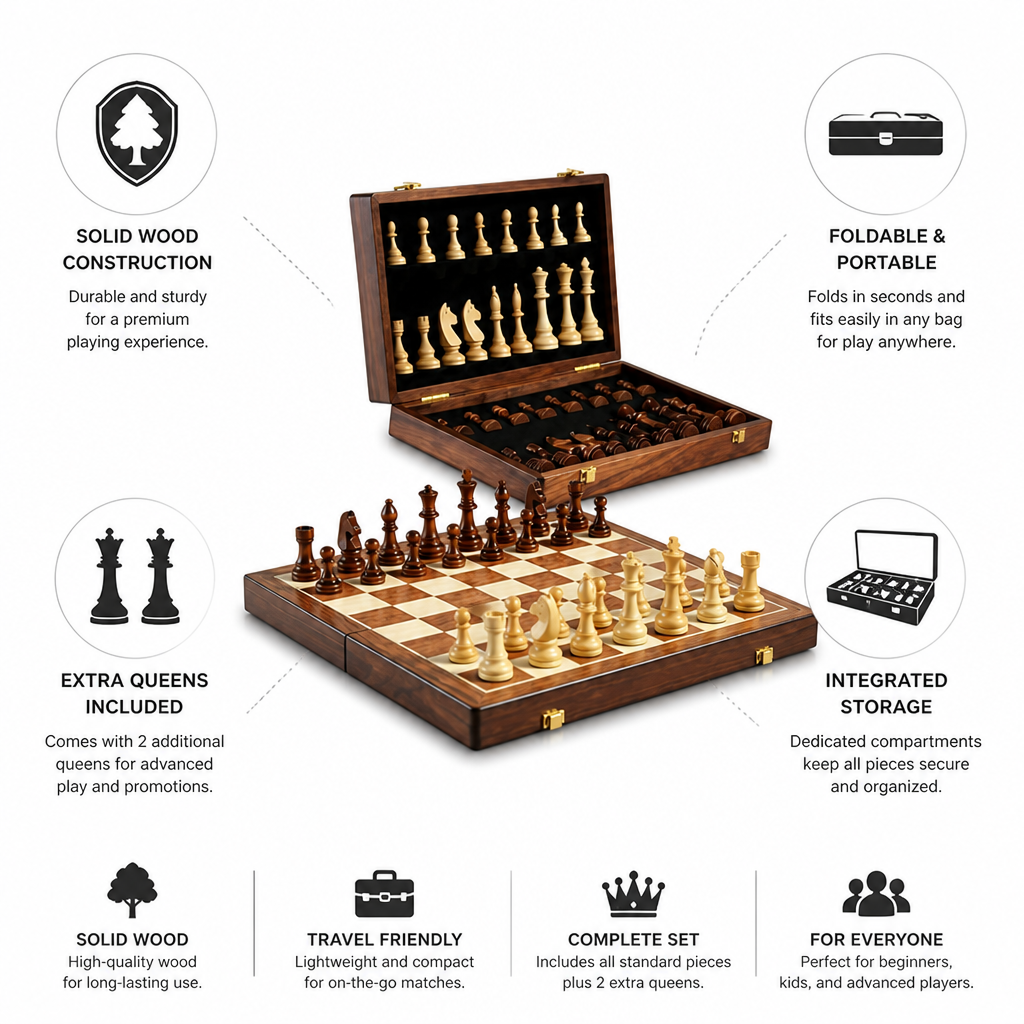Solid Wood Foldable & Portable Chess Set (Includes Extra Queens) | elesira