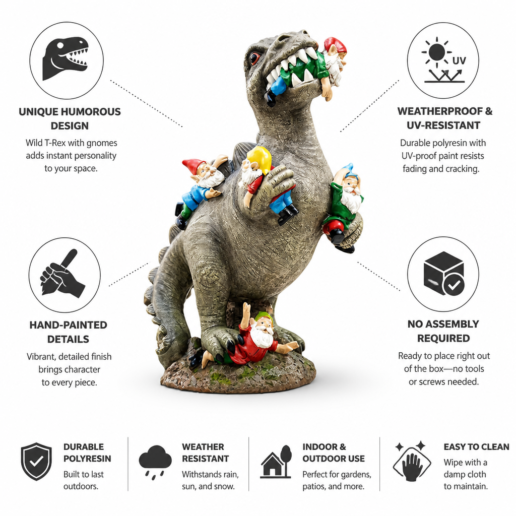 Väderbeständig och UV-tålig handmålad T-Rex-trädgårdsstaty | elesira