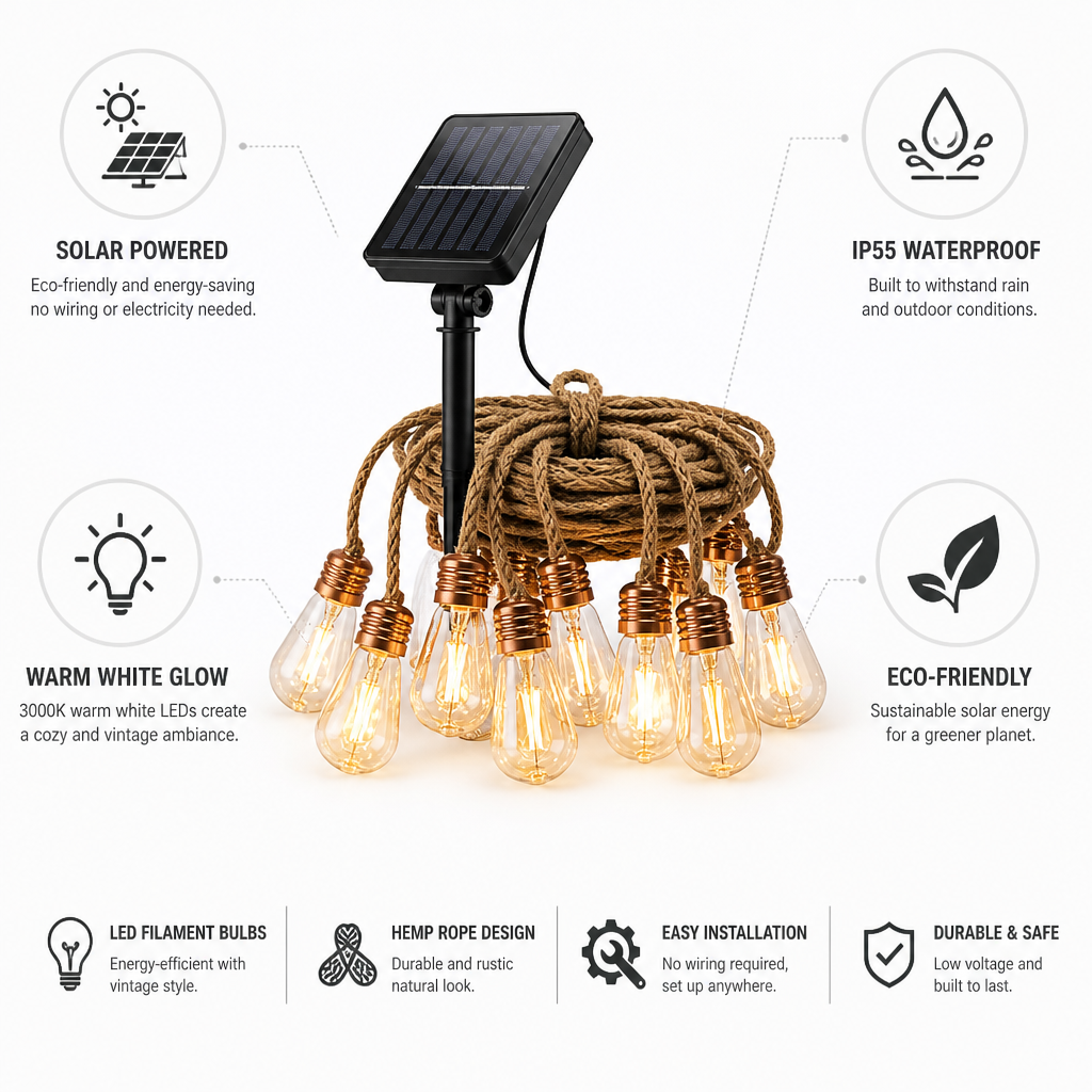 Ghirlandă luminoasă de exterior cu frânghie din cânepă, alimentată solar (impermeabilă IP55) | elesira