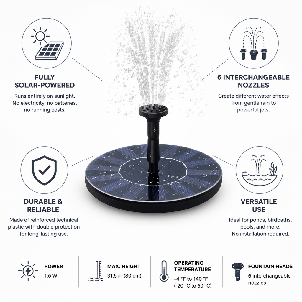 Solar-Powered Floating Fountain (6 Interchangeable Nozzles) | elesira