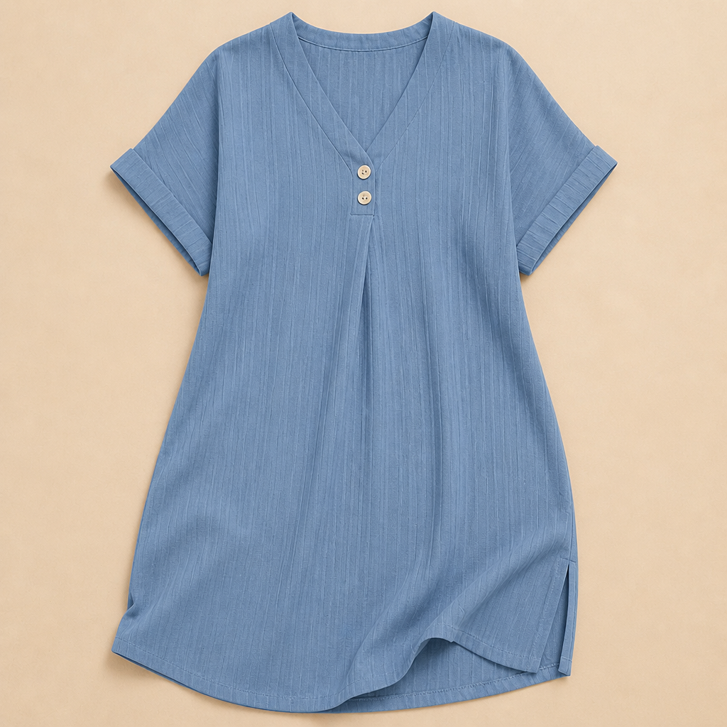 Veloria – Rochie casual cu decolteu în V, țesătură reiată și detaliu cu nasturi | elesira