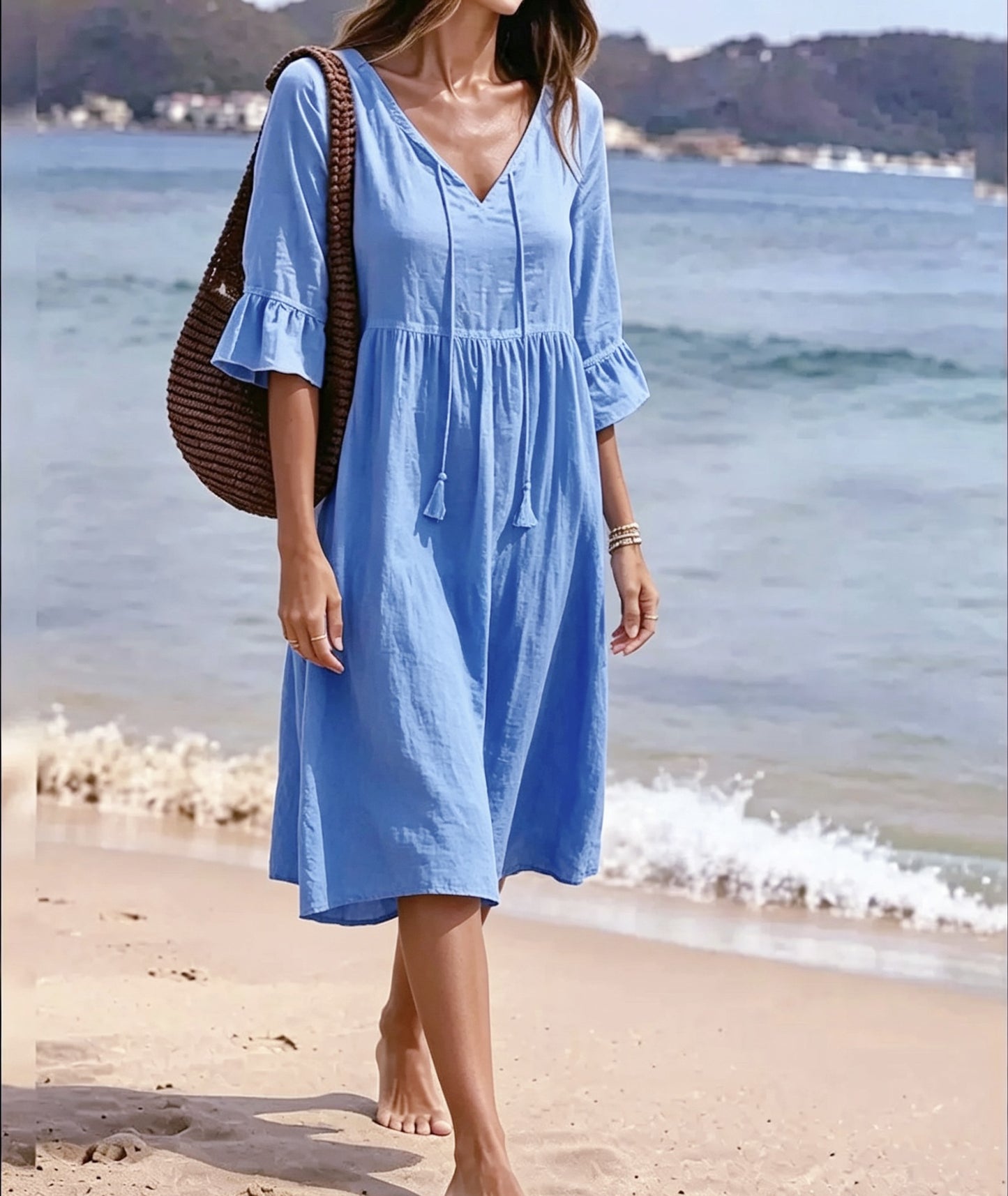 Robe Midi à Volants Étagés — Col V et Glands Bohème
