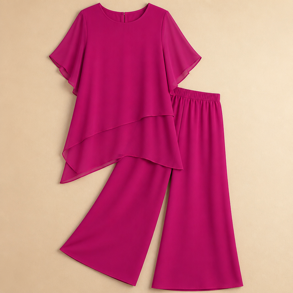 VeloraFit – Elegante completo a due pezzi con pantaloni e chiffon asimmetrico | elesira