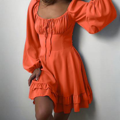 Robe Unie Col Carré Taille Cintrée