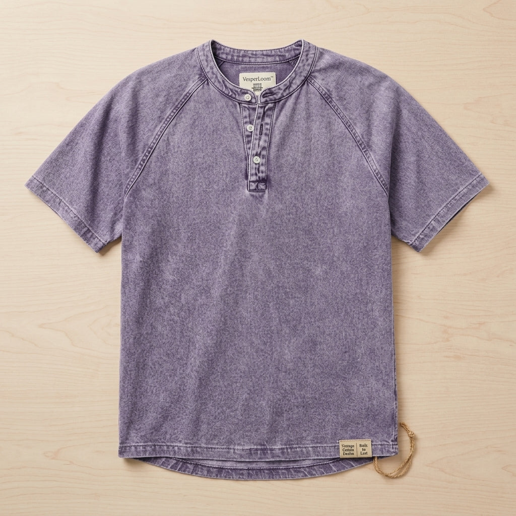 VesperLoom – Vintage Mineral-Wash Raglan Henley Tee | elesira
