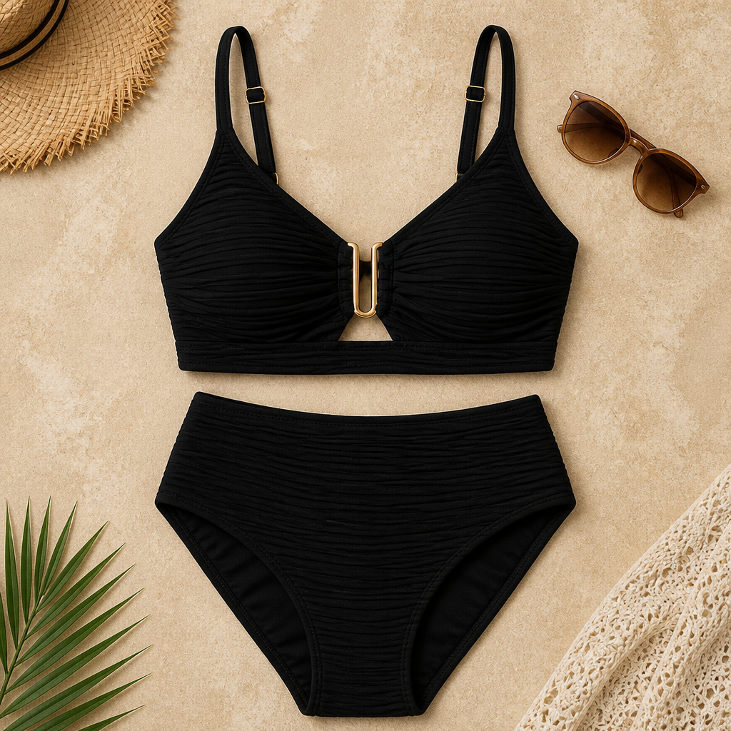 VeloraCurve – Maillot de bikini taille haute gainant le ventre avec armature en U dorée | elesira