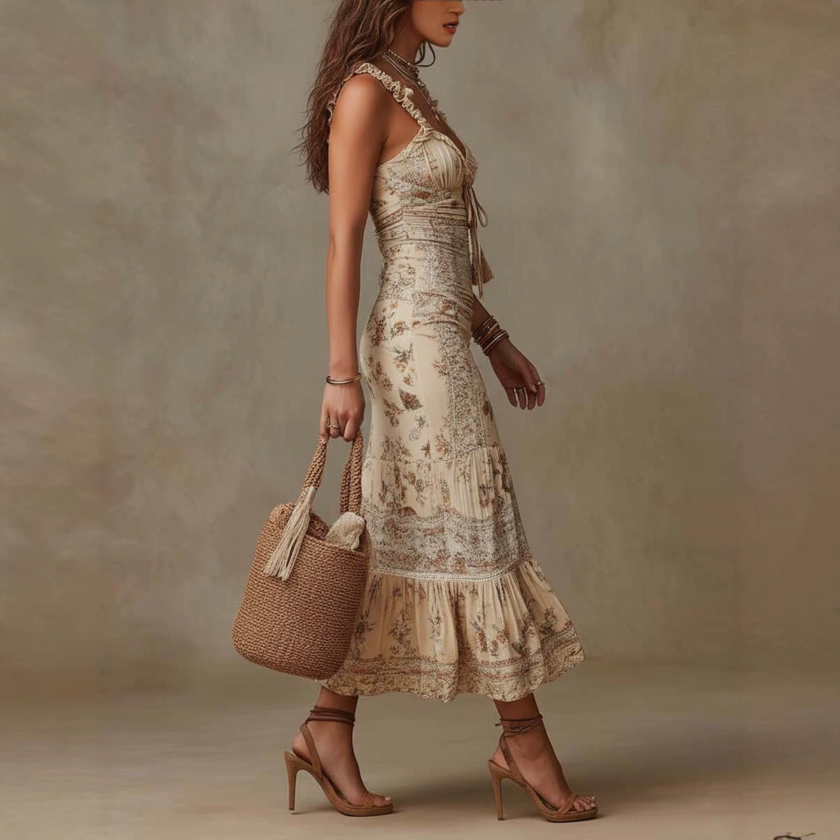 Robe Midi à Bretelles — Taille Cintrée et Fronces Romantiques