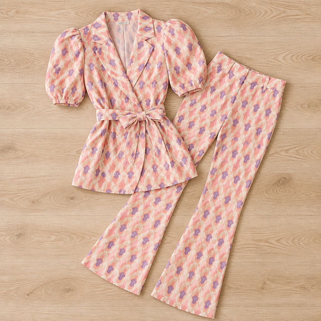 Virelli – Completo con top corto stampato incrociato, pantaloni svasati e cintura da annodare | elesira
