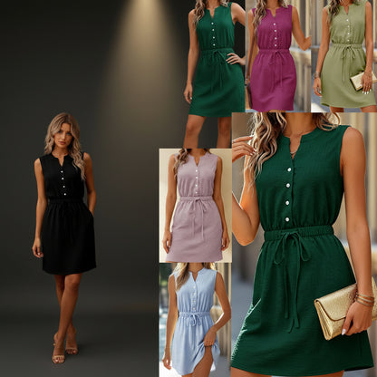 Robe Midi Bureau Sans Manches Col V Cordon