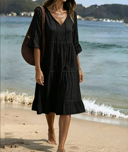 Robe Midi à Volants Étagés — Col V et Glands Bohème