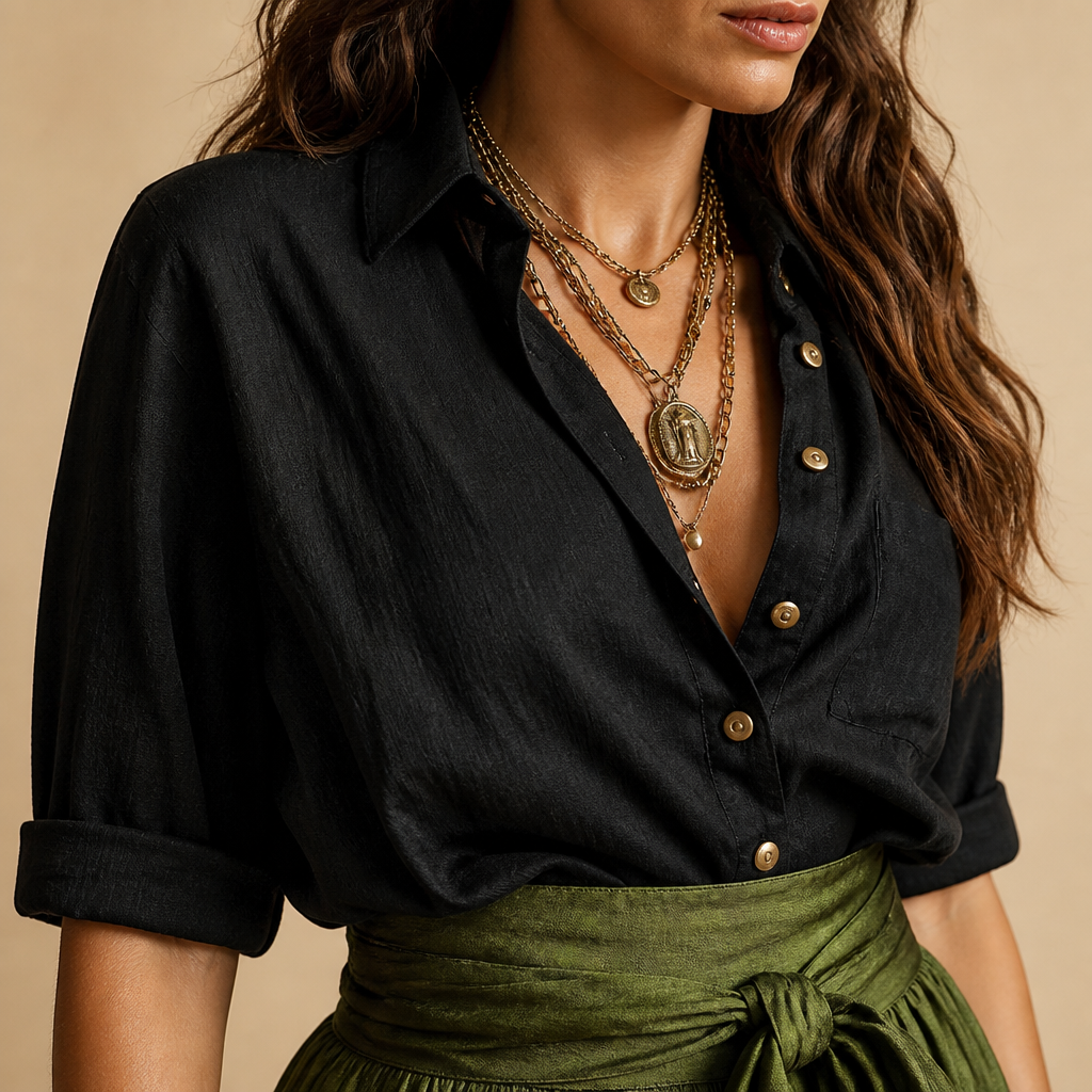 Veloura – Ensemble décontracté composé d’une chemise en lin et d’une jupe midi olive à taille nouée | elesira