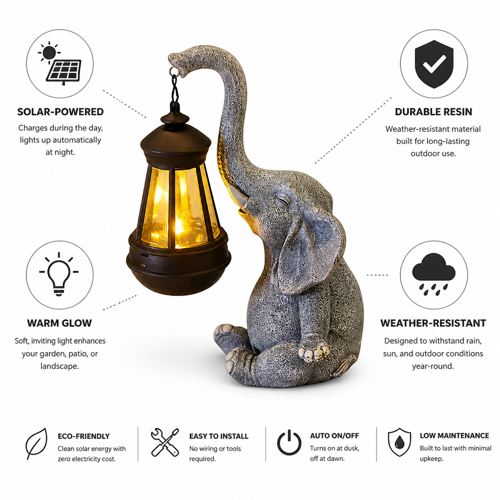 Solcelledrevet have lanterne i resin med varmt lys (elefantdesign) | elesira