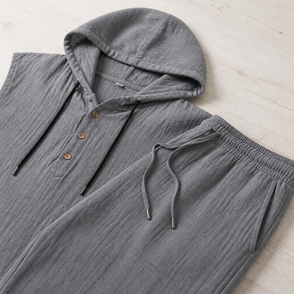 VeloShift – Relaxed Linen-Blend Hooded Set with Button Henley Top | elesira