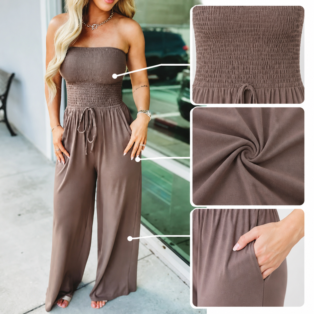 Veloria - Combinaison bustier smockée à jambes larges avec poches | elesira