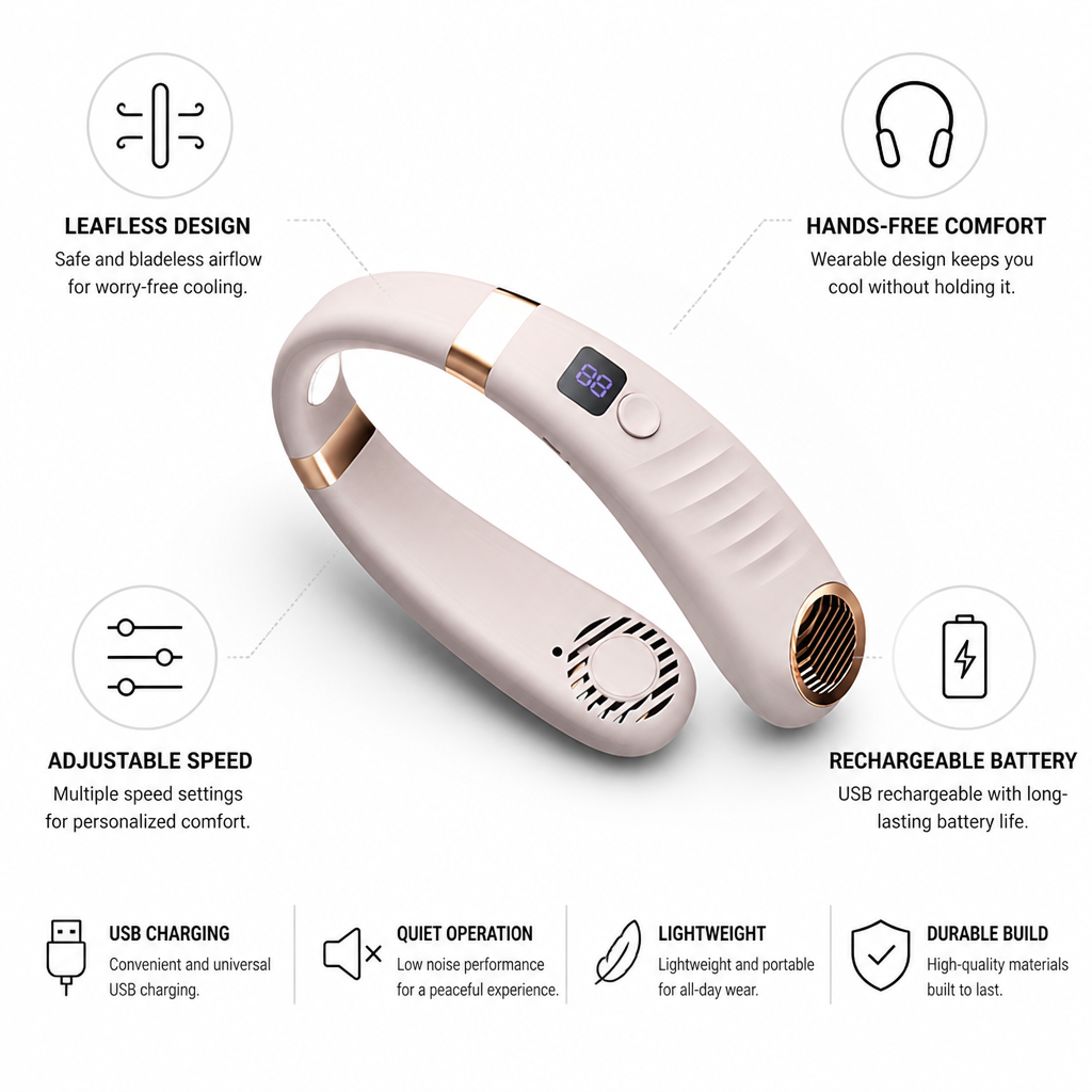 مروحة رقبة قابلة للارتداء تُشحن عبر USB ومن دون شفرات | elesira