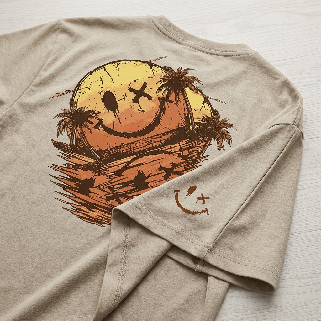 SolaraWave – Retro Sunset Smiley Graphic Tee with Front & Back Print | elesira