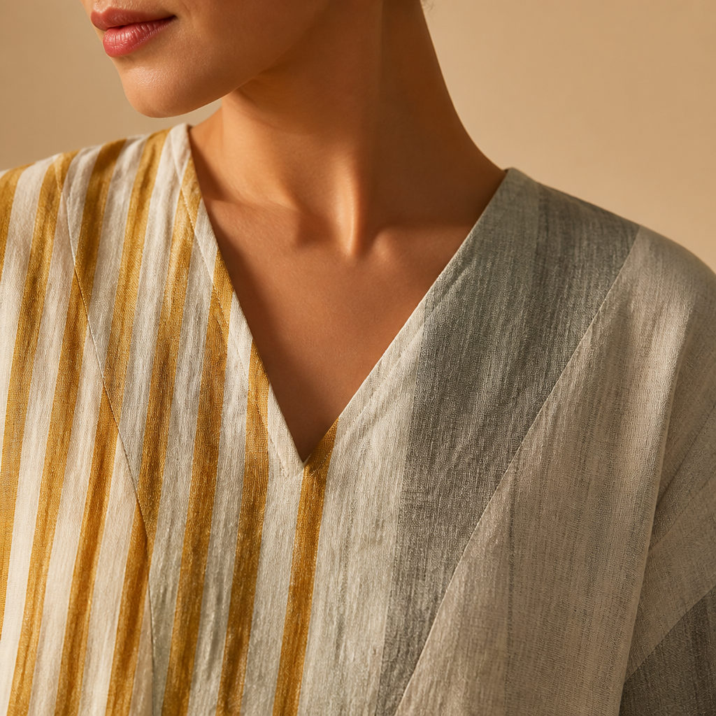 ZephyraFlow – Relaxed Striped Patchwork Linen Maxi Dress | elesira