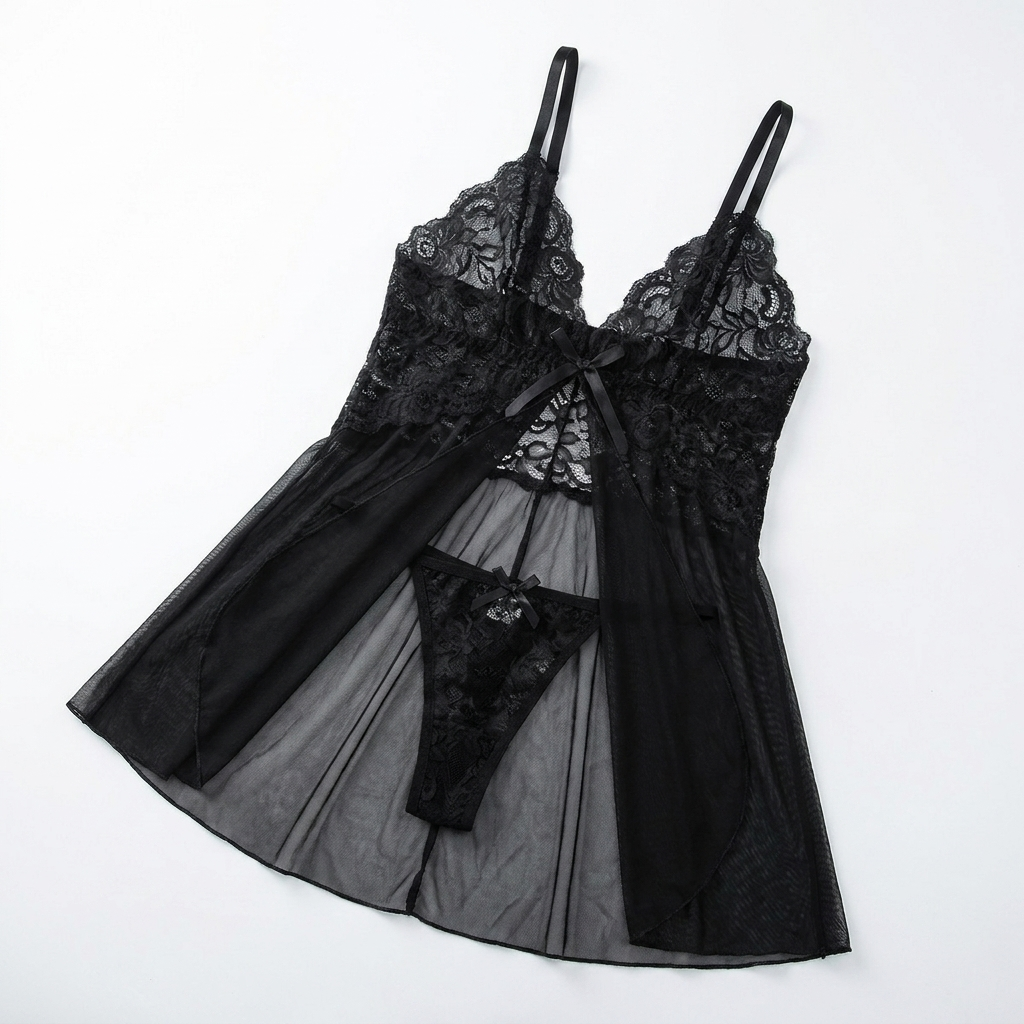 Soirée – Lace V-Neck Babydoll Set Featuring Sheer Mesh Skirt | elesira