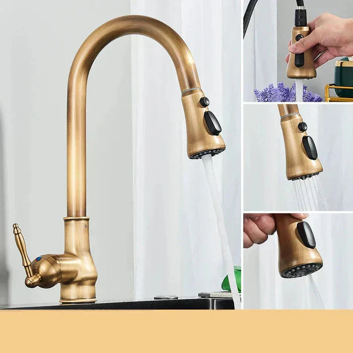 Robinet de bucătărie vintage din alamă - Pipă pivotantă - Control cu o singură manetă - BrassArc | elesira