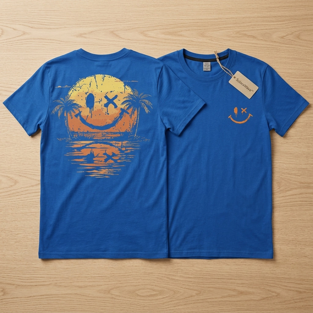 SolaraWave – Retro Sunset Smiley Graphic Tee with Front & Back Print | elesira