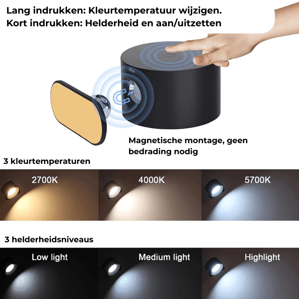 BrightBeam Cordless 360 Degree Wall Lamp Rechargeable Wireless | elesira
