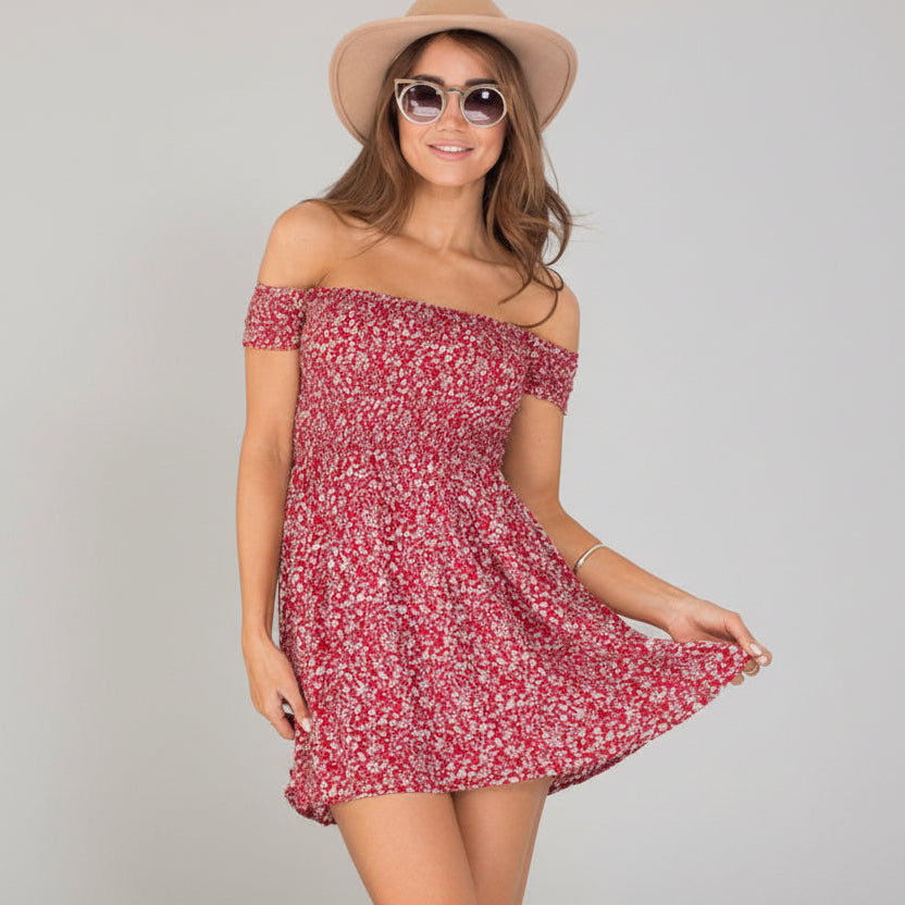 Robe Courte Épaules Dénudées à Fleurs