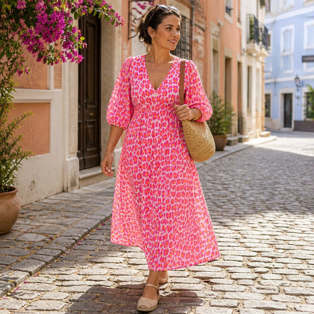 Robe midi à imprimé animalier VeloraCharm | Révélez une assurance naturelle et une coupe impeccable toute la journée | elesira