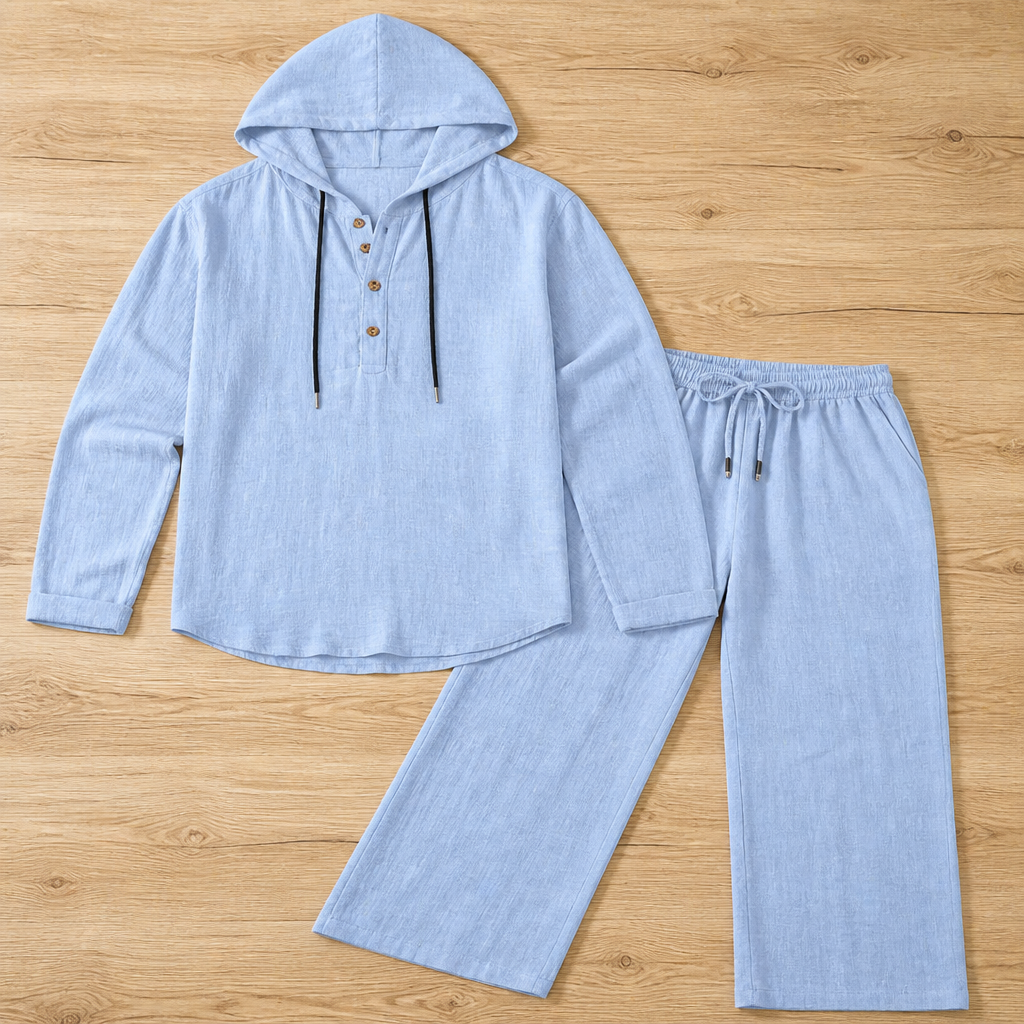 VeloShift – Relaxed Linen-Blend Hooded Set with Button Henley Top | elesira
