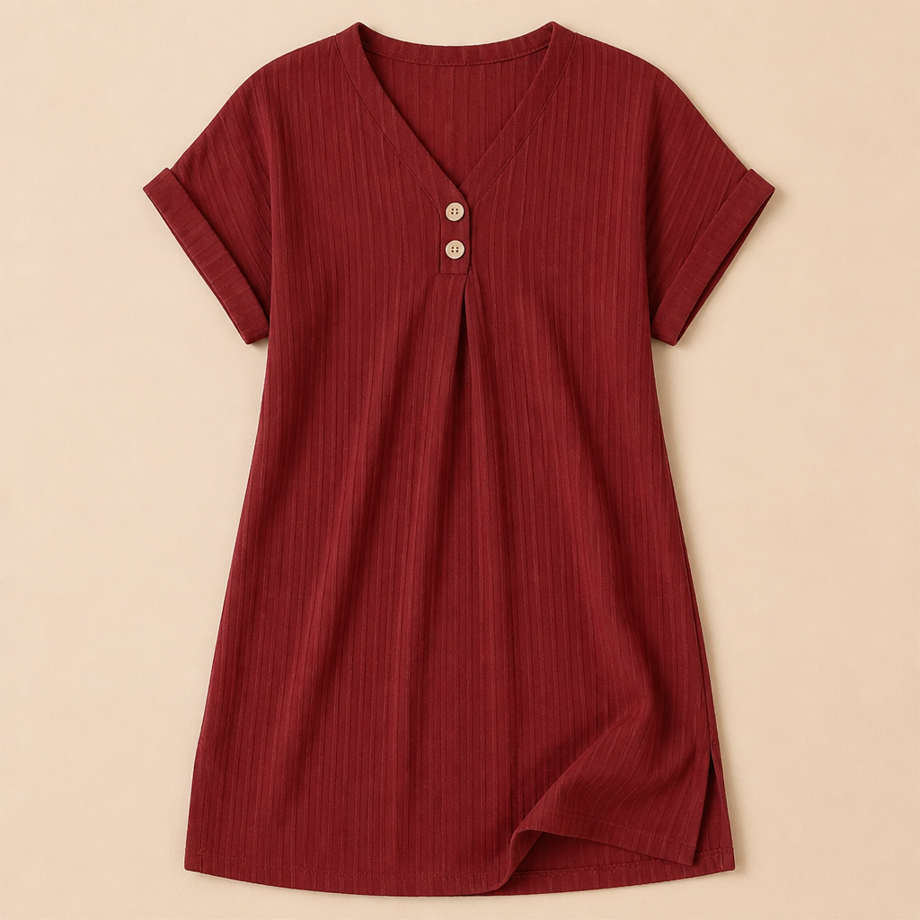 Veloria – Rochie casual cu decolteu în V, țesătură reiată și detaliu cu nasturi | elesira