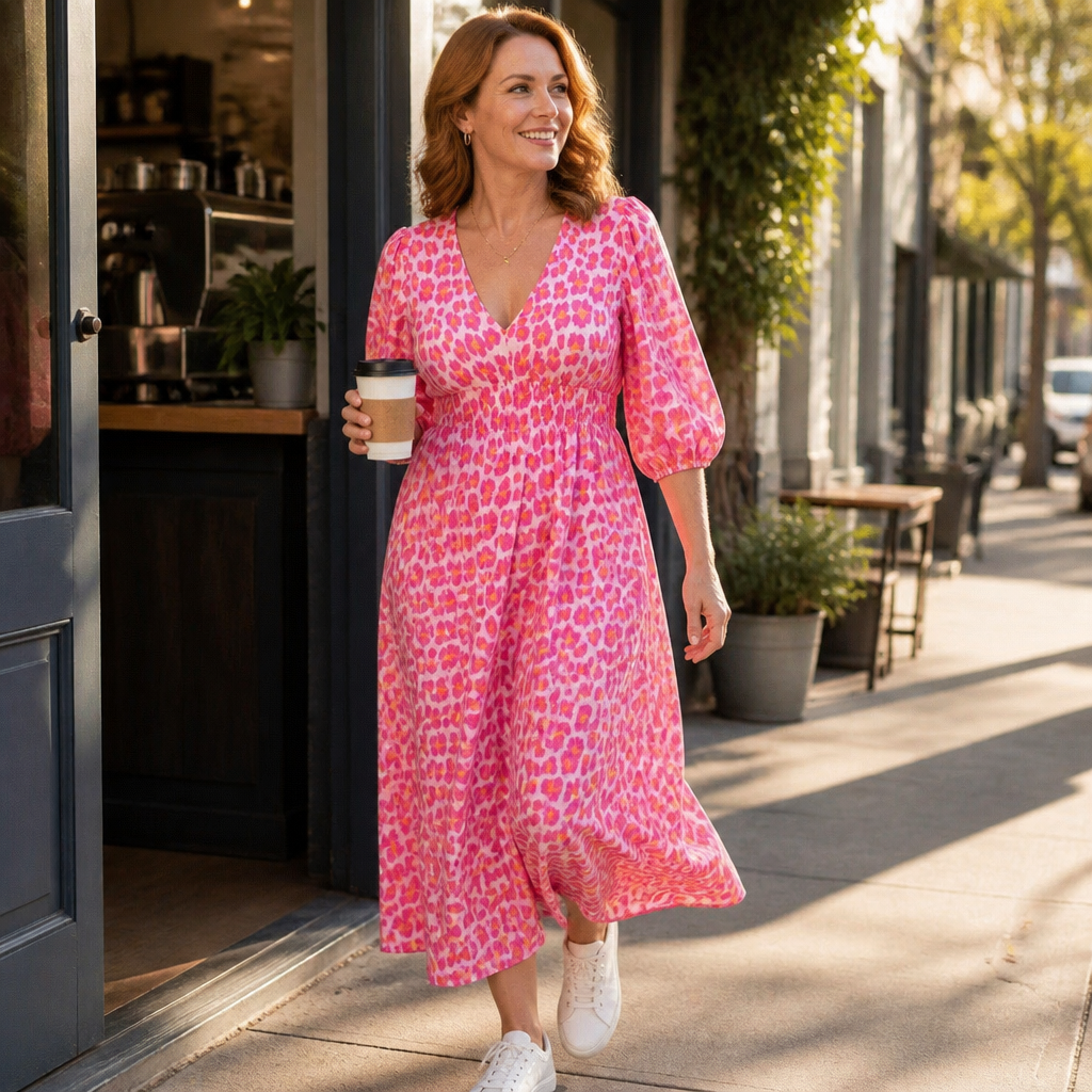 Robe midi à imprimé animalier VeloraCharm | Révélez une assurance naturelle et une coupe impeccable toute la journée | elesira